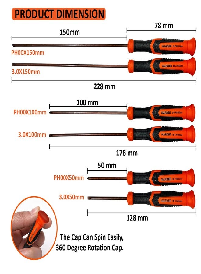 هاردن مجموعة مفكات براغي هاردن الاحترافية الدقيقة ذات الرؤوس المغناطيسية، 6 قطع (3 قطع مشقوقة 3 مم و3 قطع فيليبس PH00)، مصنوعة من فولاذ S2، بمقبض بلاستيكي - 550123 - Image 2